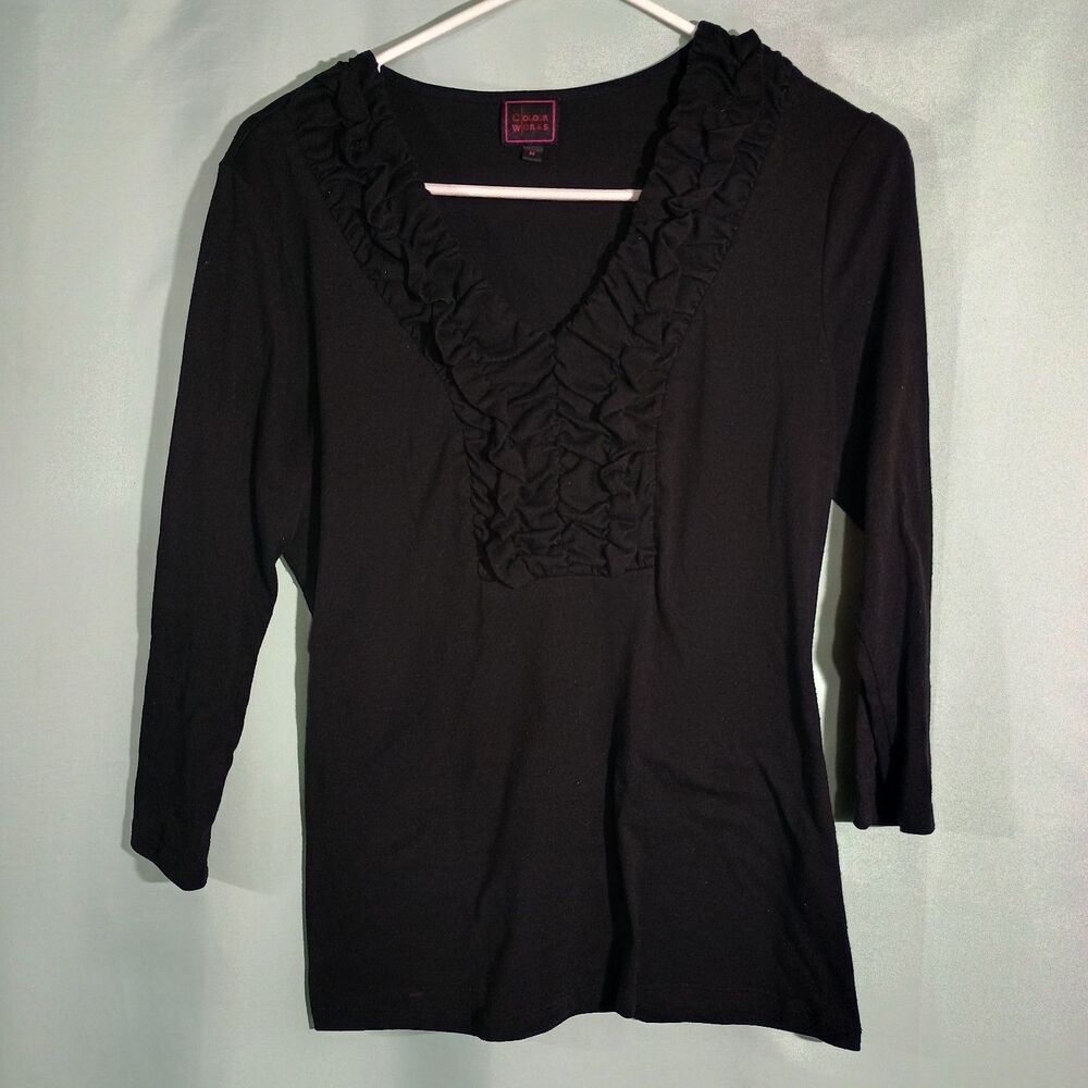 Black Ruffle V-Neck Top Women – 3/4 Sleeve Fitted Casual Dressy Blouse